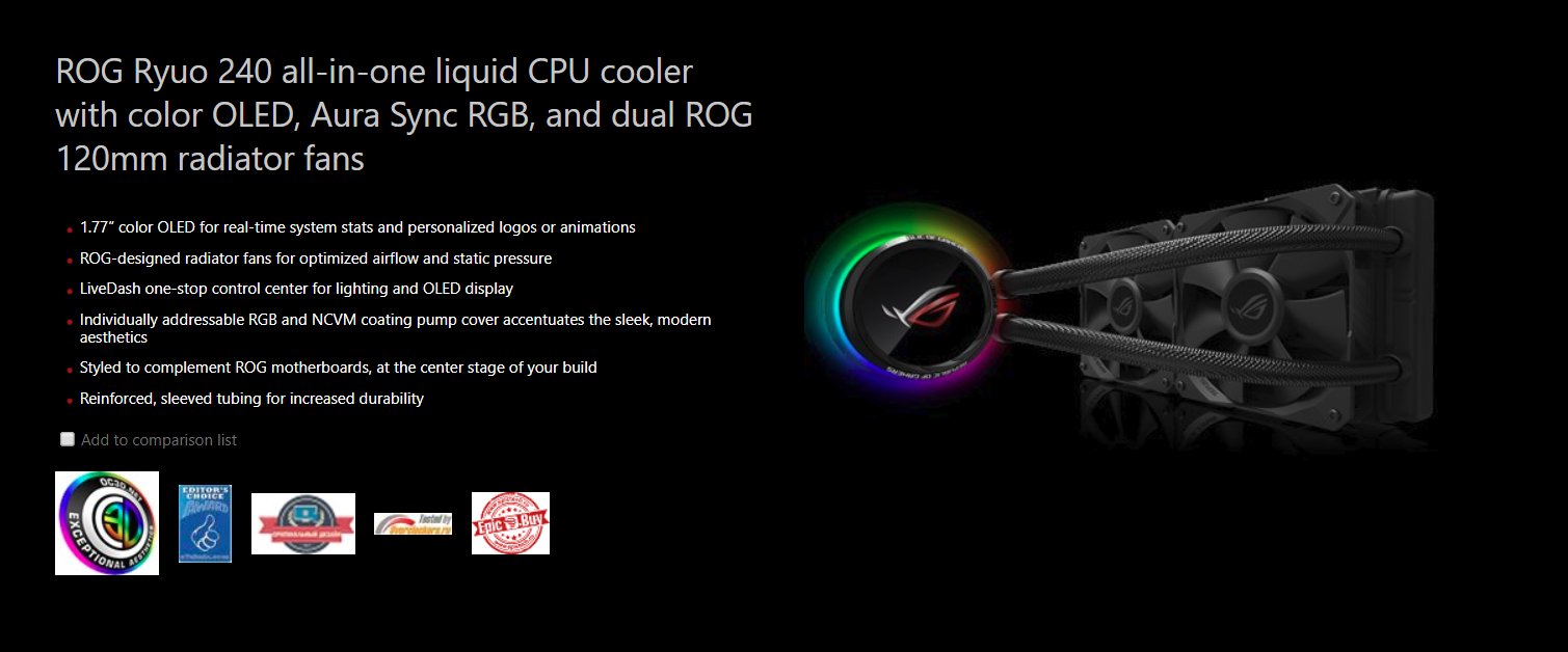 Tản nhiệt nước Asus ROG RYUO 240 - RGB 240mm Liquid CPU Cooler - Tản nhiệt chất lỏng với màn hình màu OLED, Aura Sync RGB, 2 quạt 120mm chuyên thổi radiator